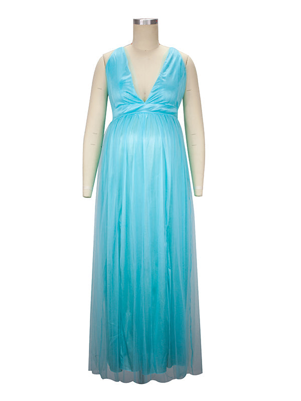 Blue Tulle Spaghetti Strap Backless Grenadine Side Slit V-Neck Cami Babyshower Maternity Photoshoot Maxi Dress