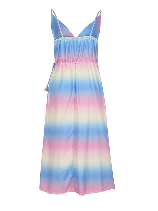 Pink-Blue Ombre V-neck Spaghetti Strap Cami Slit Boho Gender Reveal Party Maternity Maxi Dress
