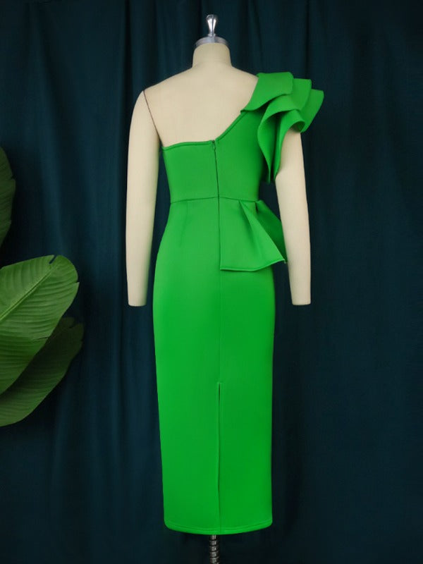 Women One Shoulder Long Green Party Dress