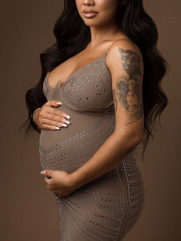 Khaki Mesh Rhinestone Spaghetti Strap Mermaid Cami Evening Gown Elegant Maternity Club Photoshoot Maxi Dress