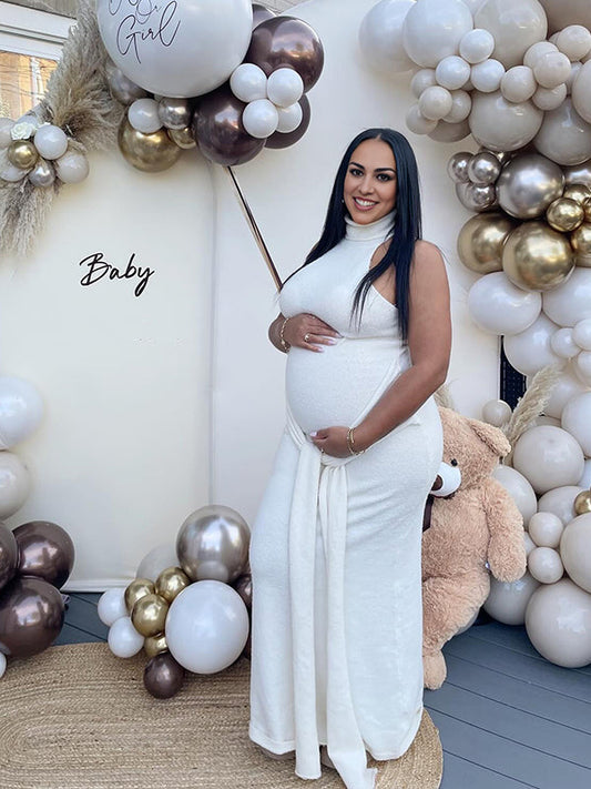Beige Ruched Wrap Draped High Neck Sleeveless Bodycon Chic Going Out Maternity Photoshoot Baby Shower Maxi Dress