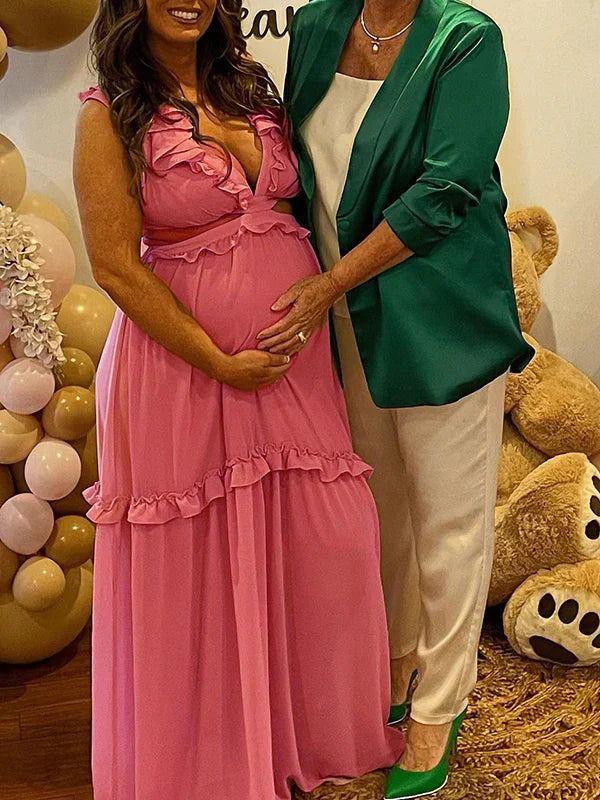Pink Cut Out Ruffle Backless Tie Back Deep V-neck Elegant Party Maternity Baby Shower Maxi Dress
