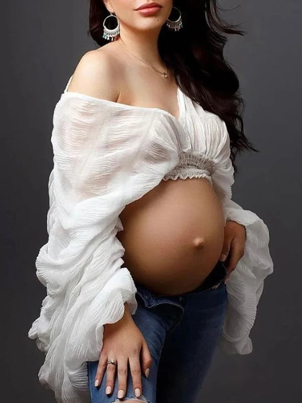 Belly Friendly Loose Puff Sleeve Props Accessories Sheer Photography Babyshower  Maternity Pleated Top