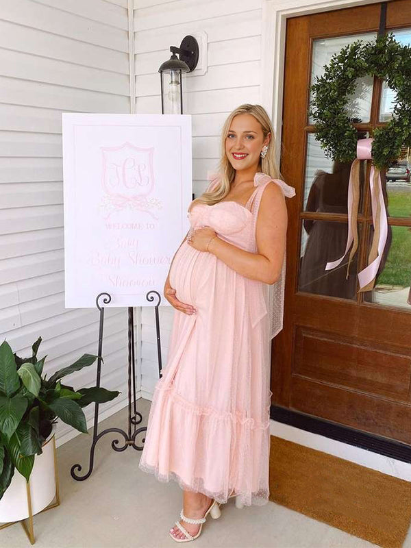 Light Pink Polka Dot Bow Ruffle Falbala Tie-Shoulder A-line Tulle Princess Dress Maxi Dress