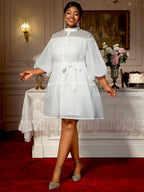 White A Line Shirt Dresses With Waist Belt Single Breasted