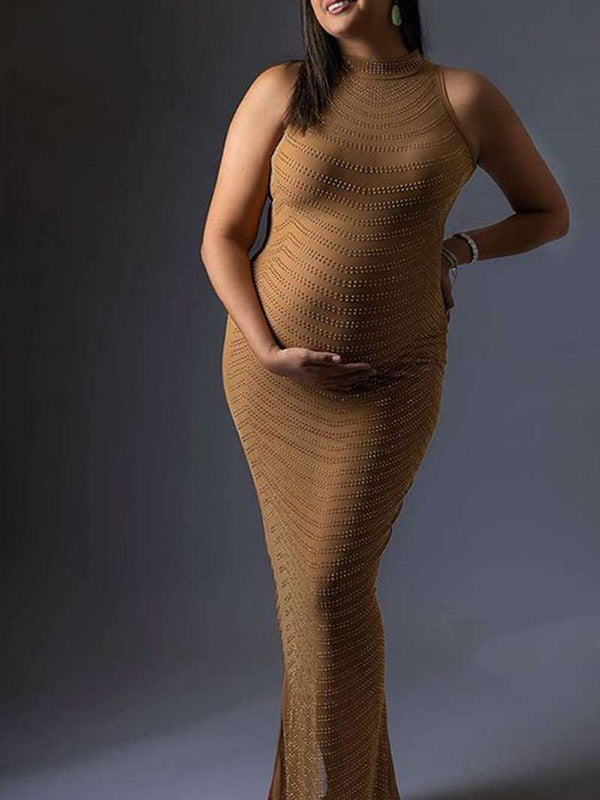 Rhinestone Mesh Off Shoulder Split Slit Bodycon Party Gown Photoshoot Plus Size Maternity Maxi Dress