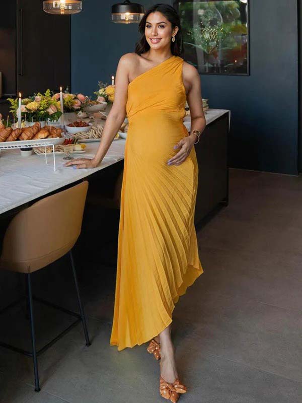 Yellow Pleated Cut Out One Shoulder Big Swing Plus Size Elegant Maternity Photoshoot Baby Shower Maxi Dress