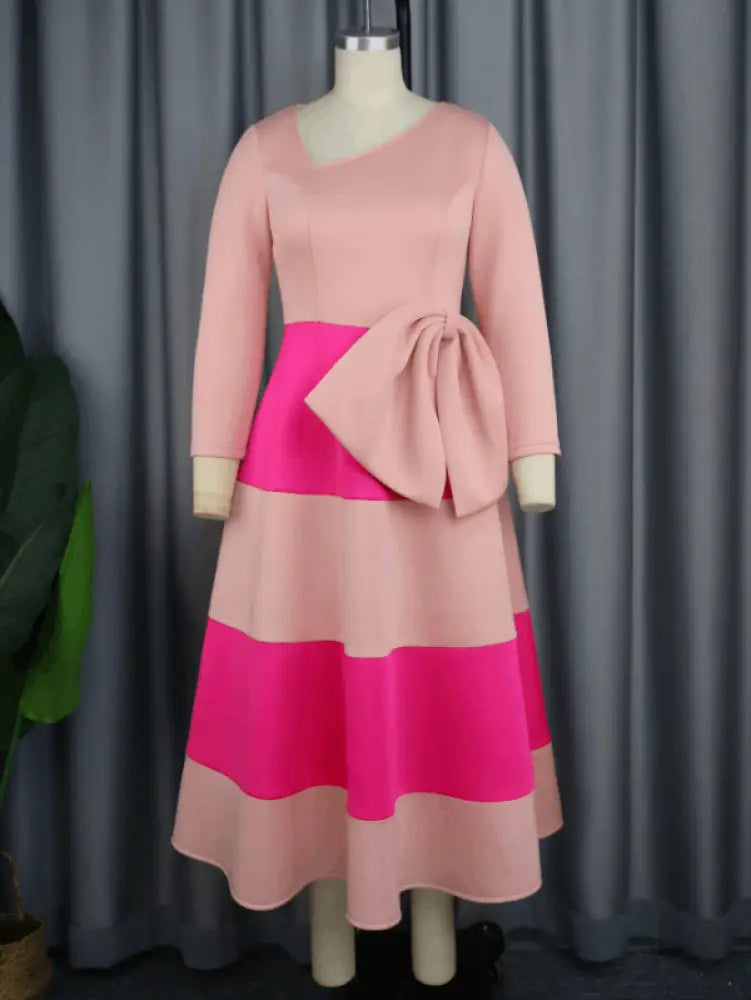 Asymmetrical Collar Pink Dress A Line Midi
