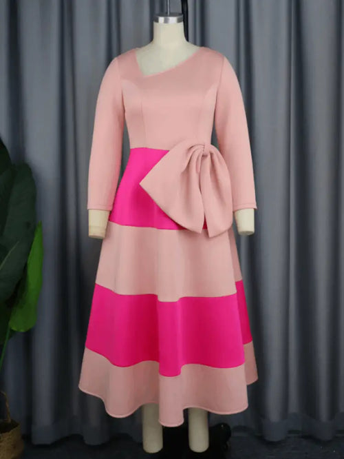 Asymmetrical Collar Pink Dress A Line Midi