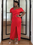 Bare Shoulder V Neck Puff Sleeve Dresse Maxi