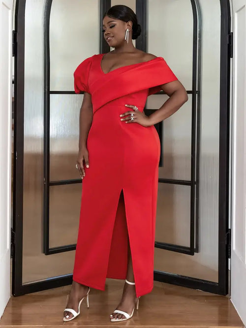 Bare Shoulder V Neck Puff Sleeve Dresse Maxi