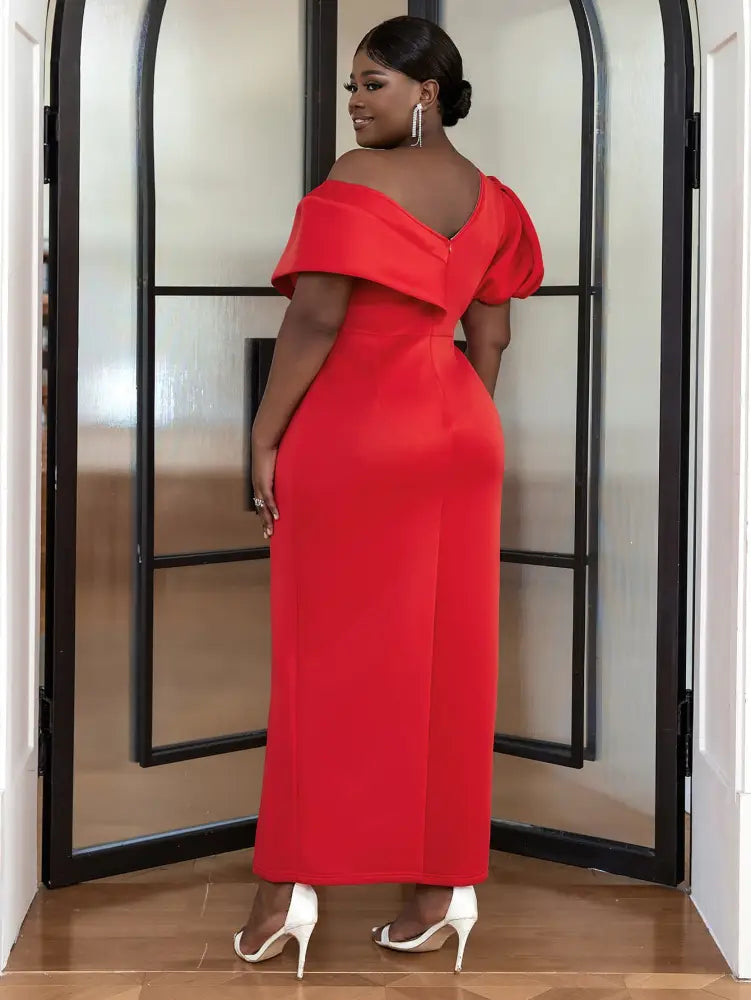 Bare Shoulder V Neck Puff Sleeve Dresse Maxi