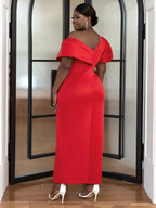Bare Shoulder V Neck Puff Sleeve Dresse Maxi