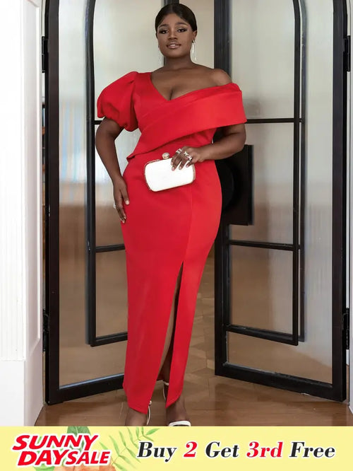 Bare Shoulder V Neck Puff Sleeve Dresse Maxi