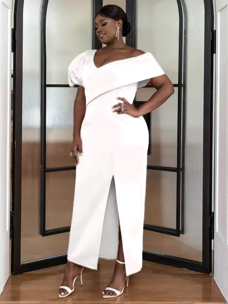 Bare Shoulder V Neck Puff Sleeve Dresse Maxi