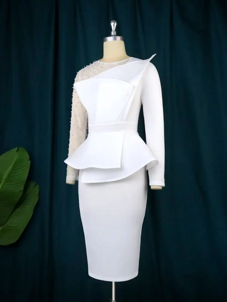 Beading Mesh Patchwork Office Dress Midi