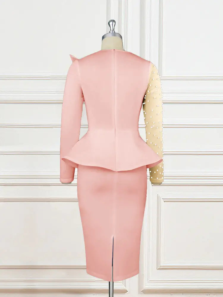 Beading Mesh Patchwork Office Dress Midi