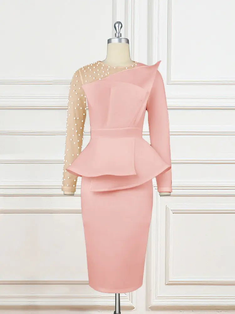 Beading Mesh Patchwork Office Dress Midi