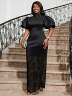 Black Lace Patchwork Puff Sleeve Maxi Dress