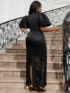 Black Lace Patchwork Puff Sleeve Maxi Dress