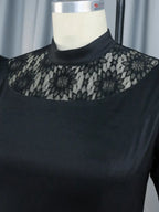 Black Lace Patchwork Puff Sleeve Maxi Dress