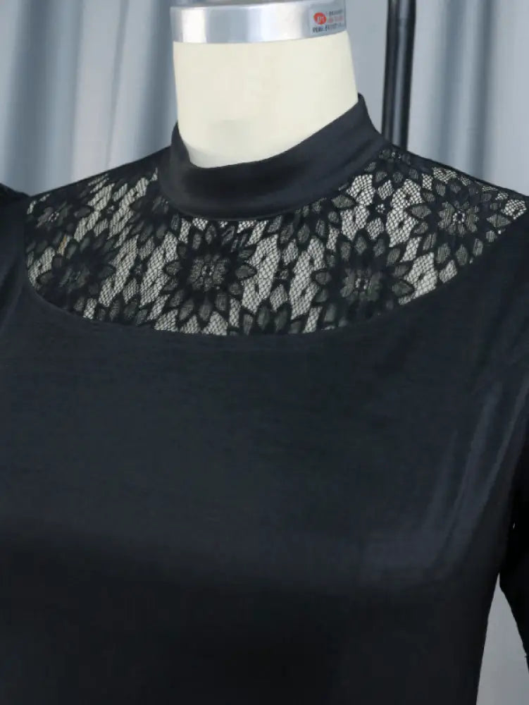 Black Lace Patchwork Puff Sleeve Maxi Dress