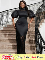 Black Lace Patchwork Puff Sleeve Maxi Dress