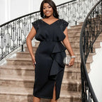 Black V Neck Dress Women Sleeveless Beading Diamonds High Waist Ruffles