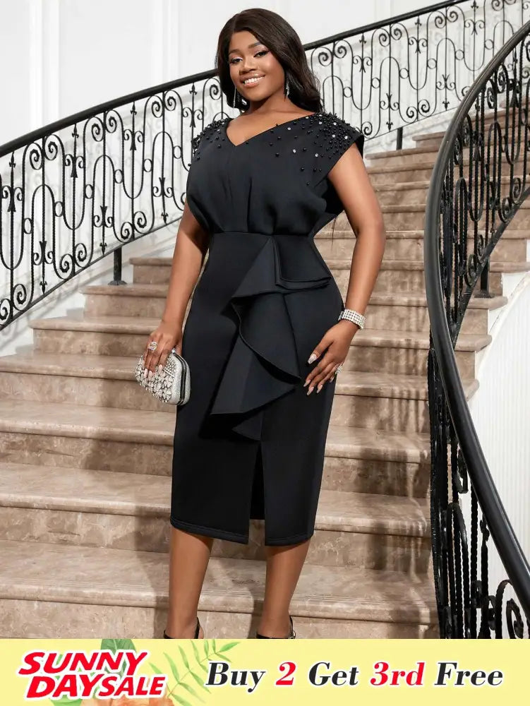 Black V Neck Dress Women Sleeveless Beading Diamonds High Waist Ruffles