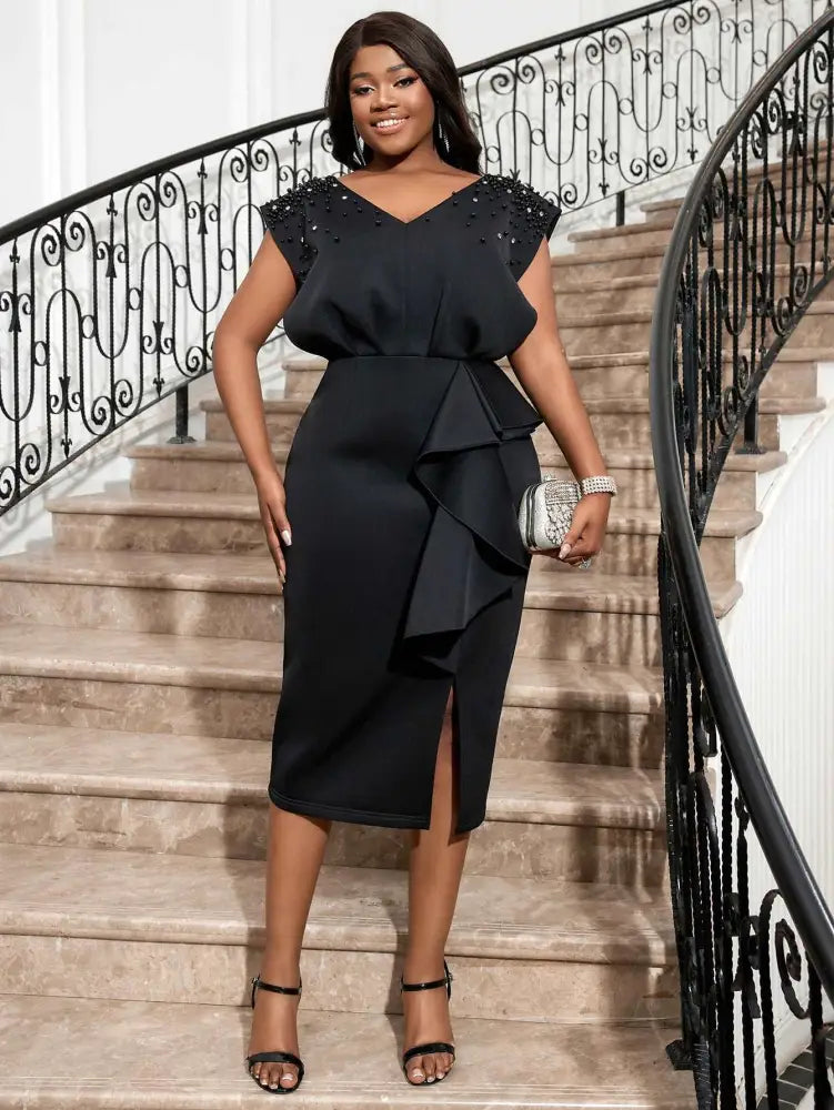 Black V Neck Dress Women Sleeveless Beading Diamonds High Waist Ruffles
