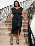Black V Neck Dress Women Sleeveless Beading Diamonds High Waist Ruffles