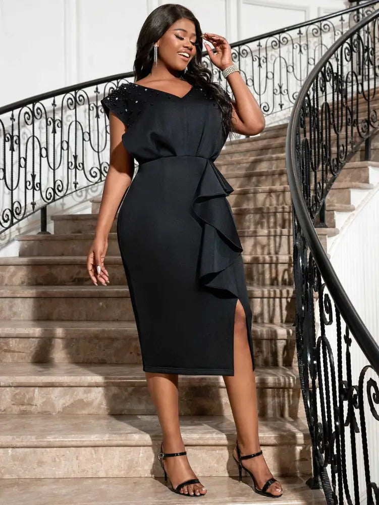 Black V Neck Dress Women Sleeveless Beading Diamonds High Waist Ruffles