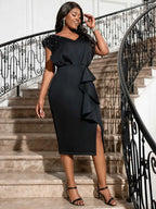 Black V Neck Dress Women Sleeveless Beading Diamonds High Waist Ruffles