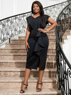 Black V Neck Dress Women Sleeveless Beading Diamonds High Waist Ruffles
