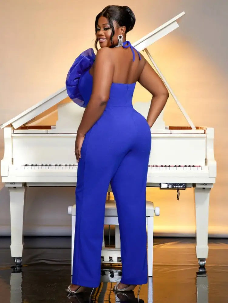 Jumpsuit Women Sexy Halter Backless Big Flower Tulle Party Rompers