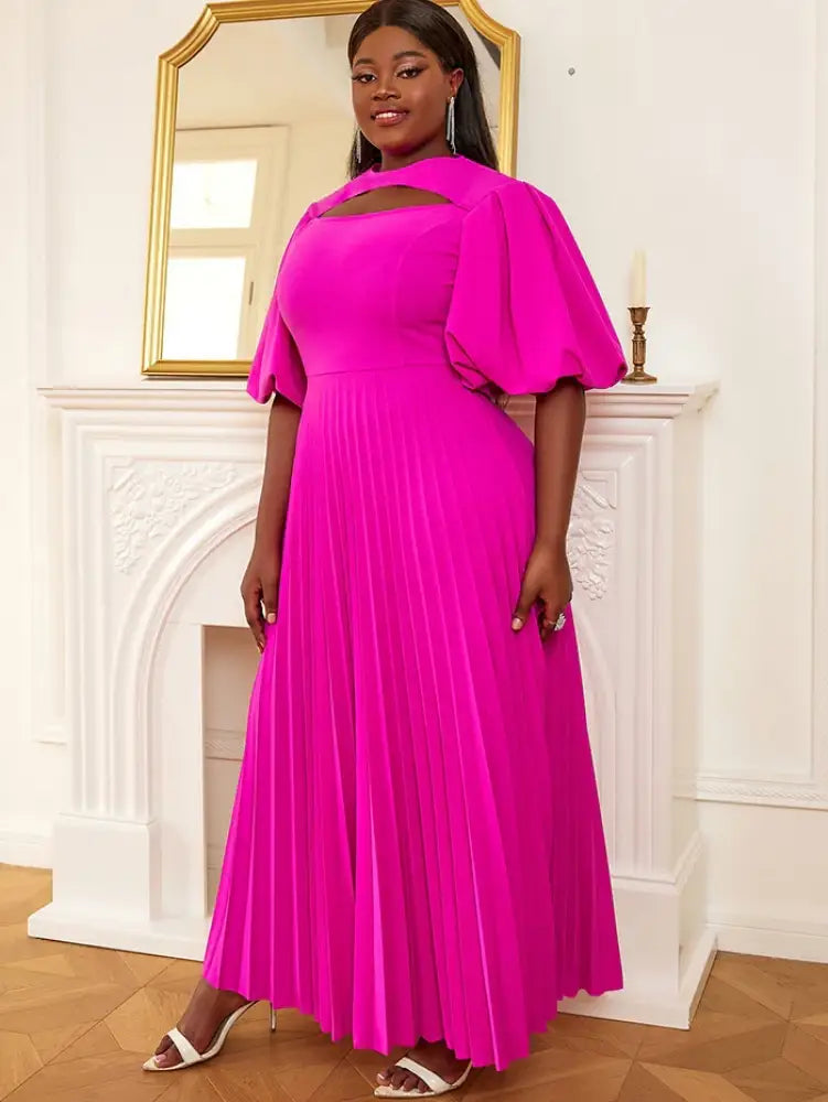 Lantern Sleeve Cut Out Pleated Dress Maxi