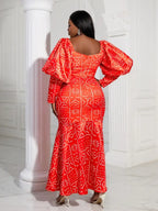 Lantern Sleeve Printed Mermaid Maxi Dress