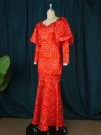 Lantern Sleeve Printed Mermaid Maxi Dress