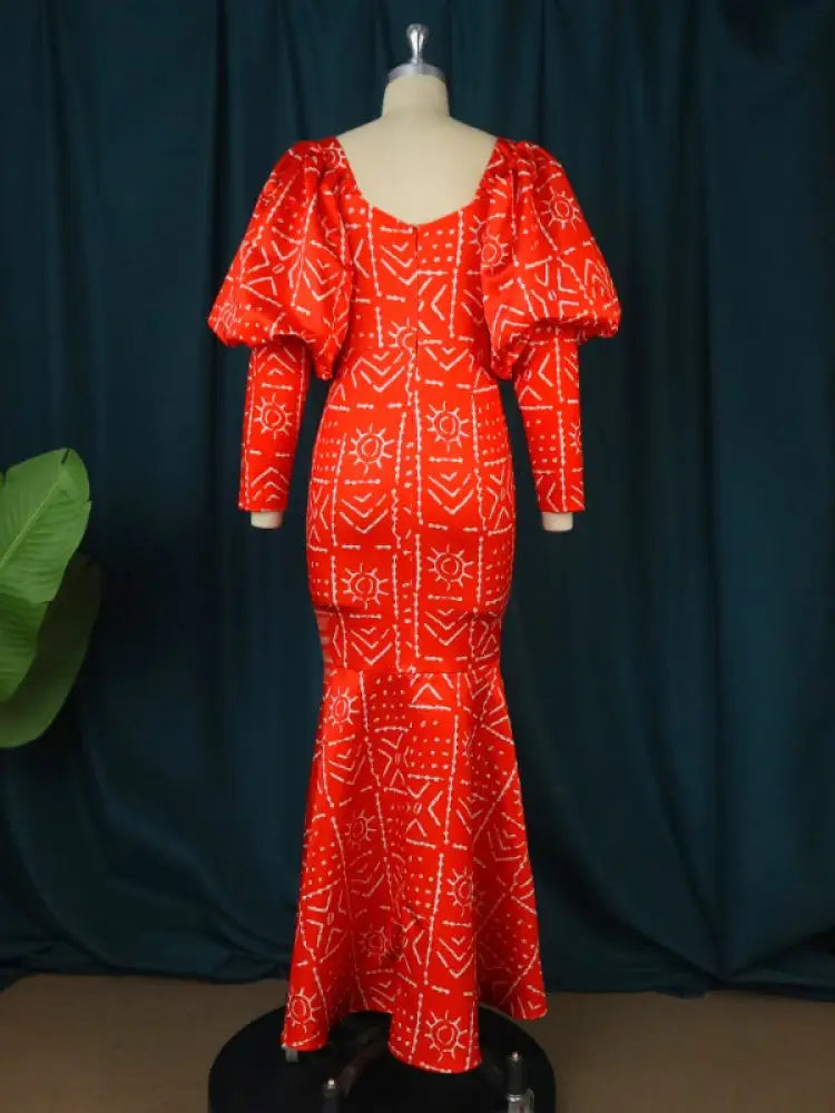Lantern Sleeve Printed Mermaid Maxi Dress