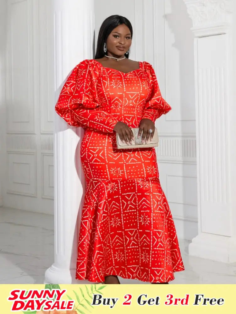 Lantern Sleeve Printed Mermaid Maxi Dress