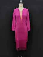 Aomei Long Sleeves Tassels Midi Deep V Neck Sexy Dress
