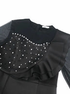Mesh Patchwork Beading Ruffle Dress Midi