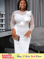 Mesh Patchwork Beading Ruffle Dress Midi