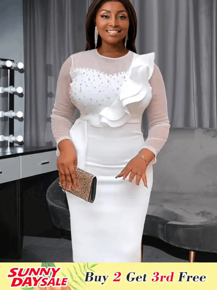 Mesh Patchwork Beading Ruffle Dress Midi