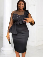 Mesh Patchwork Beading Ruffle Dress Midi