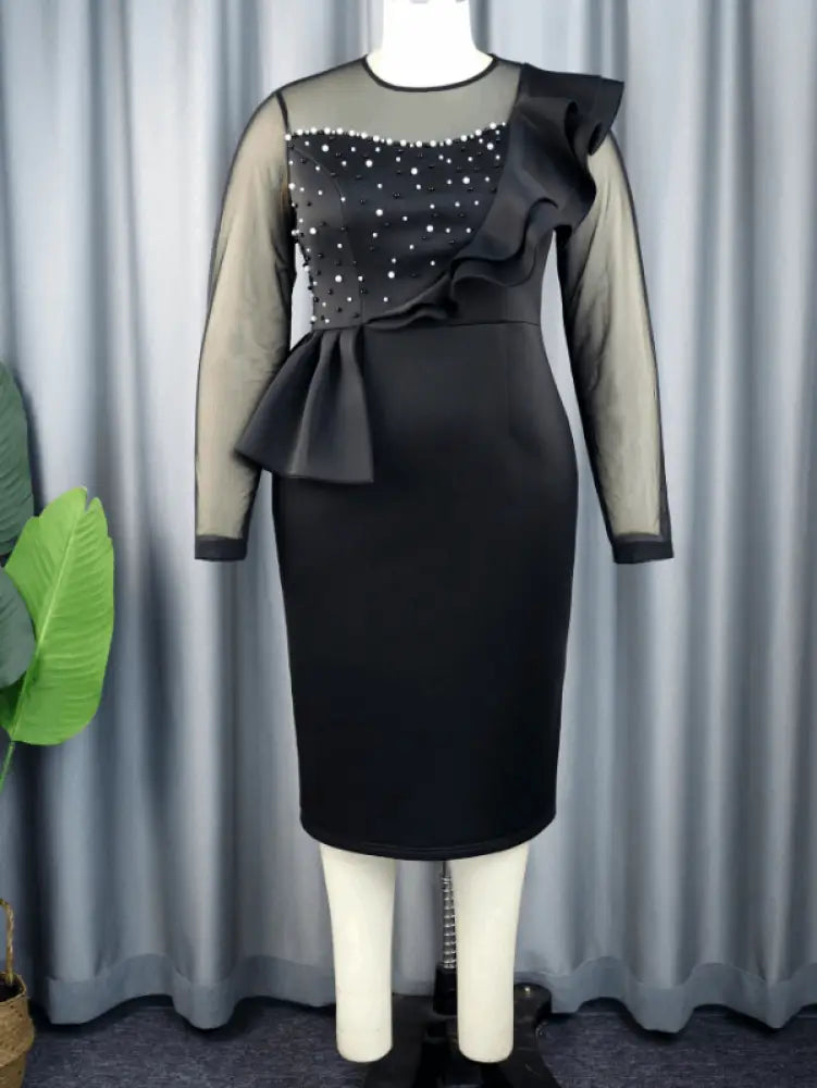 Mesh Patchwork Beading Ruffle Dress Midi