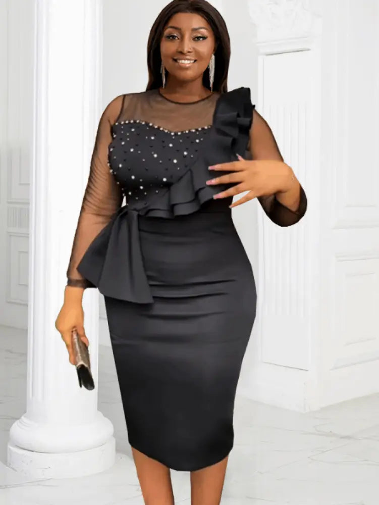 Mesh Patchwork Beading Ruffle Dress Midi