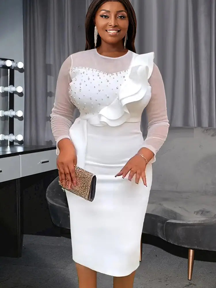 Mesh Patchwork Beading Ruffle Dress Midi