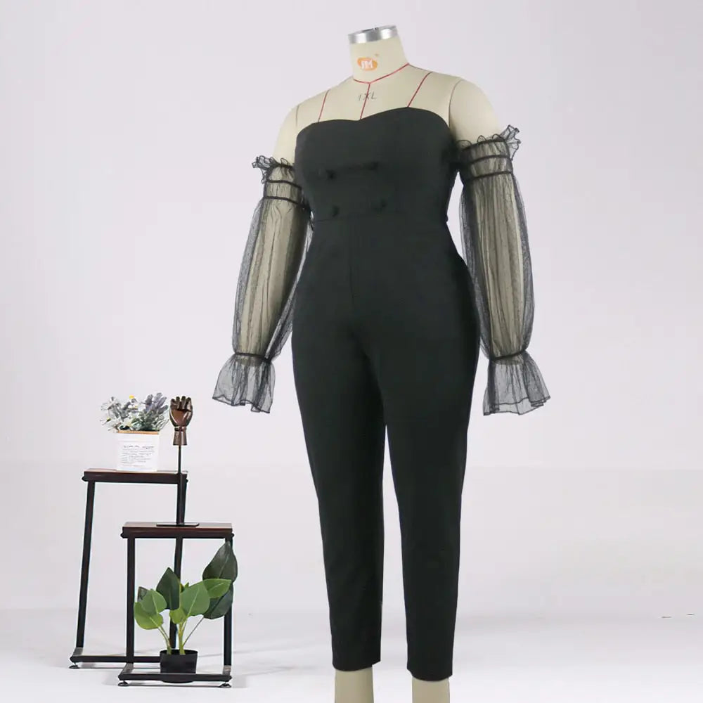 Off Shoulder Backless Mesh Patchwork Jumpsuit Woman