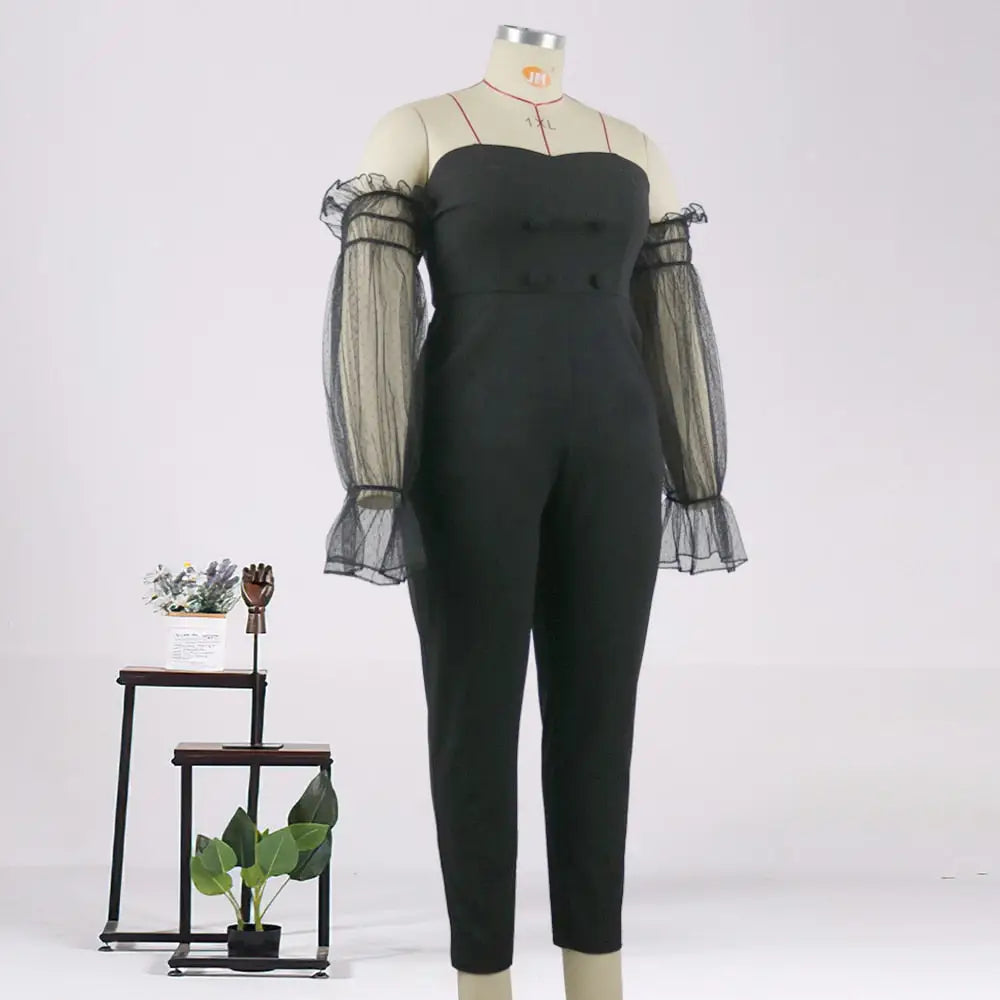 Off Shoulder Backless Mesh Patchwork Jumpsuit Woman
